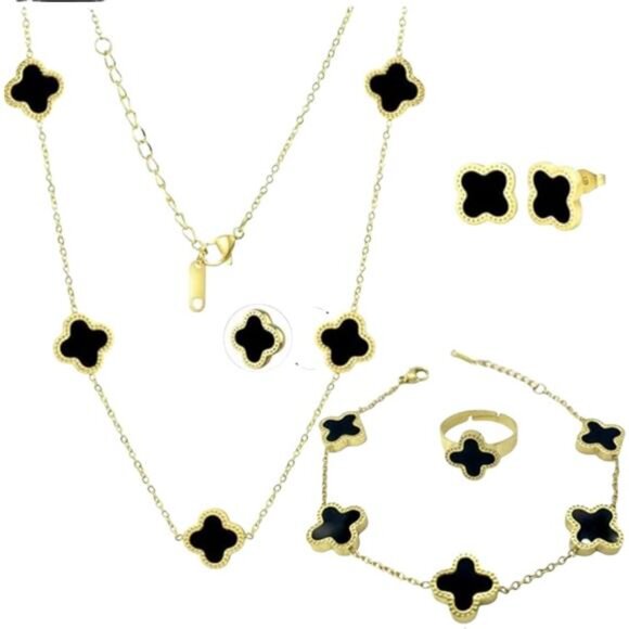 Clover Jewelry Set 18K Gold Plated Stainless Steel Necklace with Flower Design - Picture 1 of 6